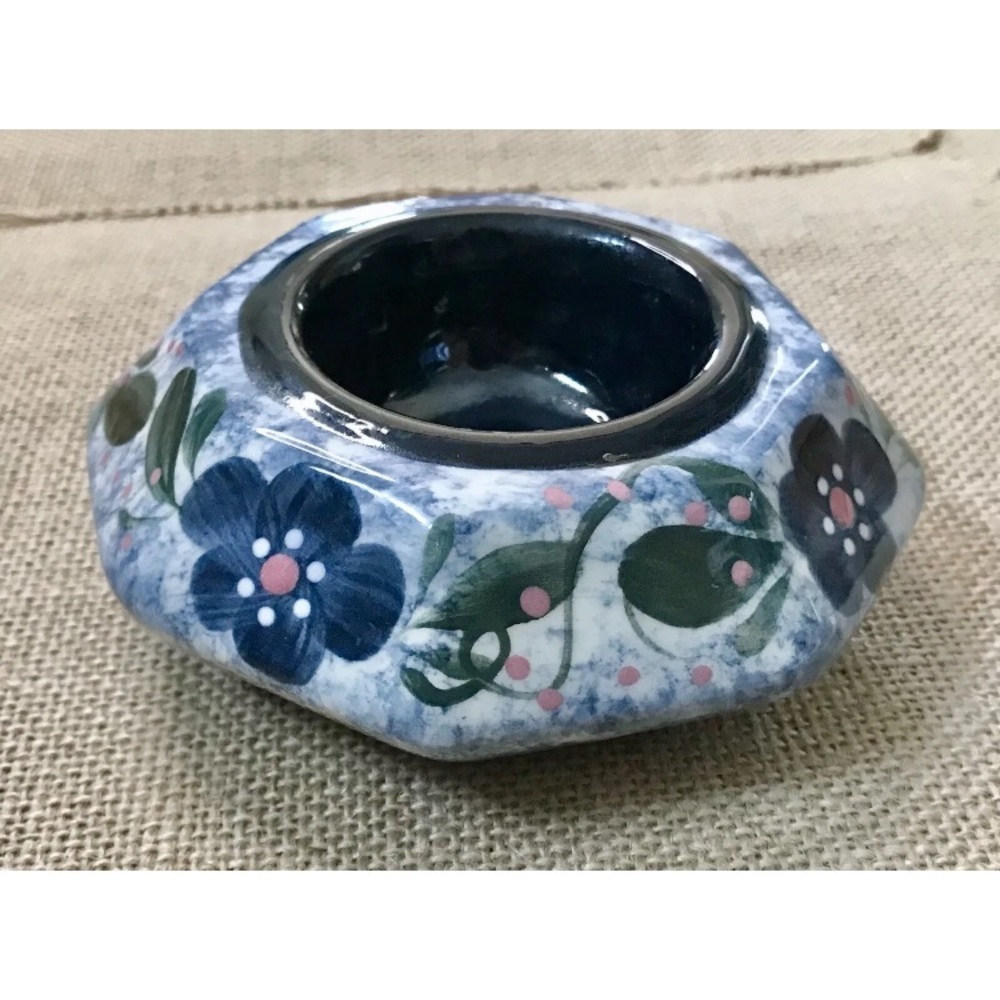 Hand Painted Art Ceramic Blue Flower Tea Light Candle Holder Floral Octagon